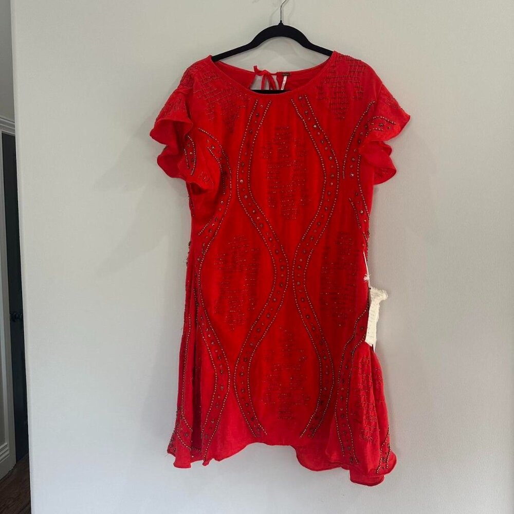 NWT free people red satin beaded mini dress with flutter sleeves
